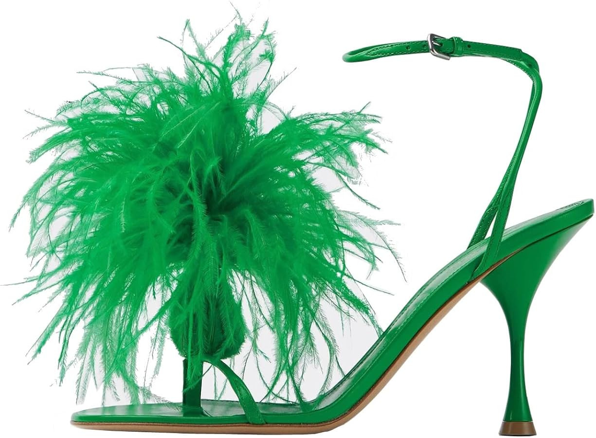 YIYA Womens Fluffy Feather Ankle Strap Heeled Sandals Open Toe Stiletto High Heels Thong Sandal P... | Amazon (US)