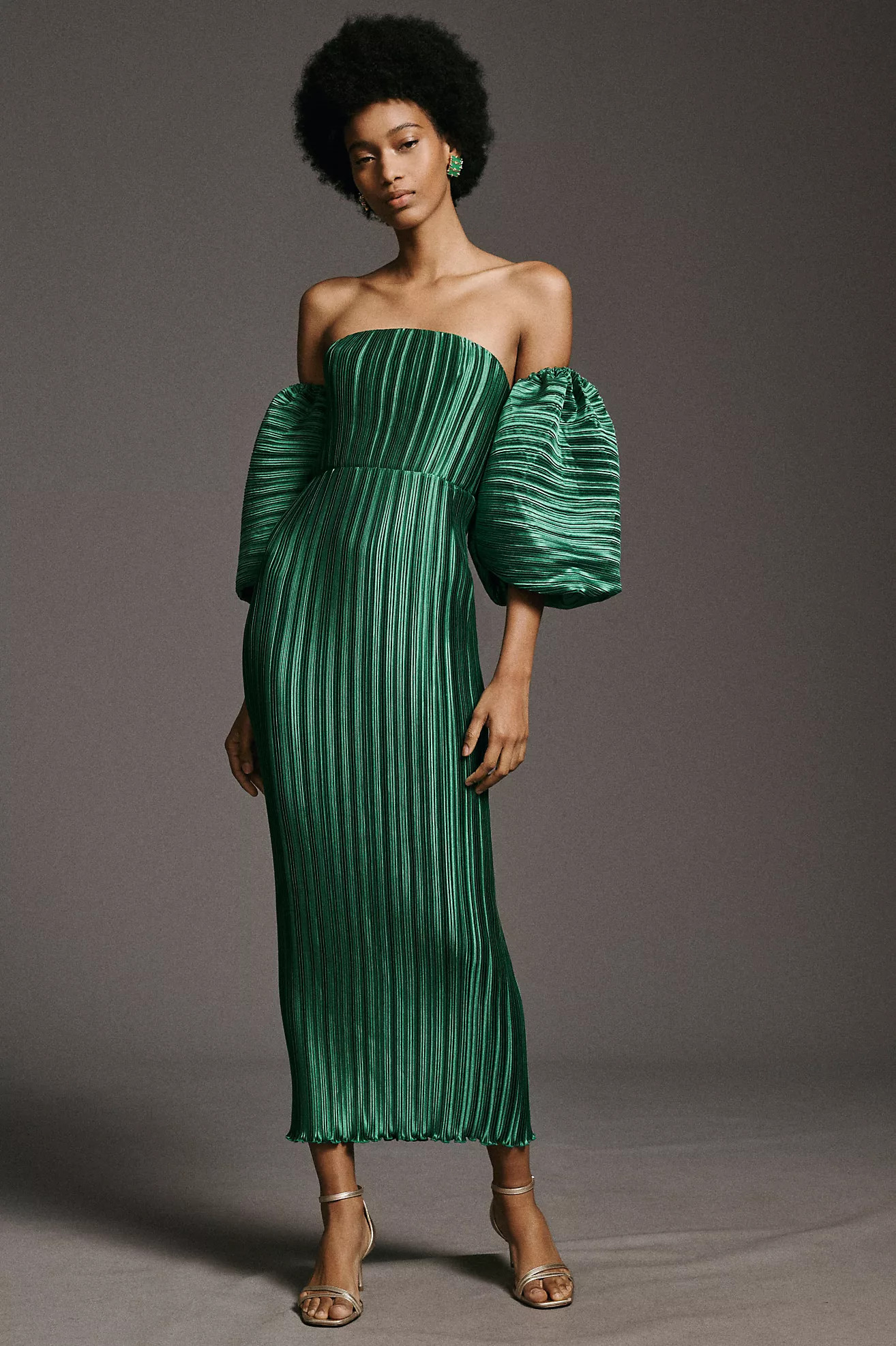 L'IDÉE Sirene Off-Shoulder Puff-Sleeve Pleated Midi Column Dress | Anthropologie (US)