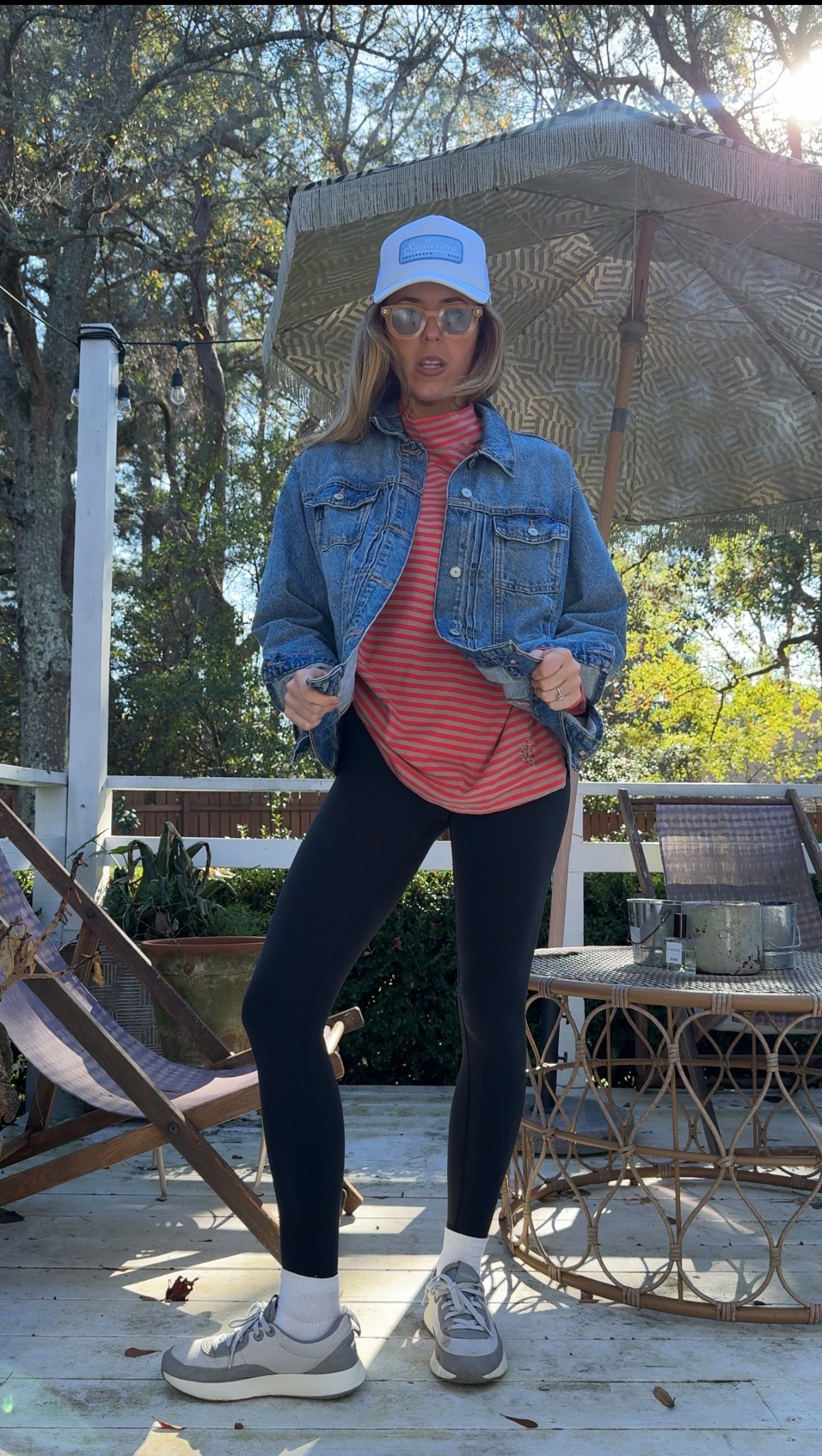 Size small in red shirt 
Size large in jacket 
Size 2 legging 
Glasses are the yellow blue version! 