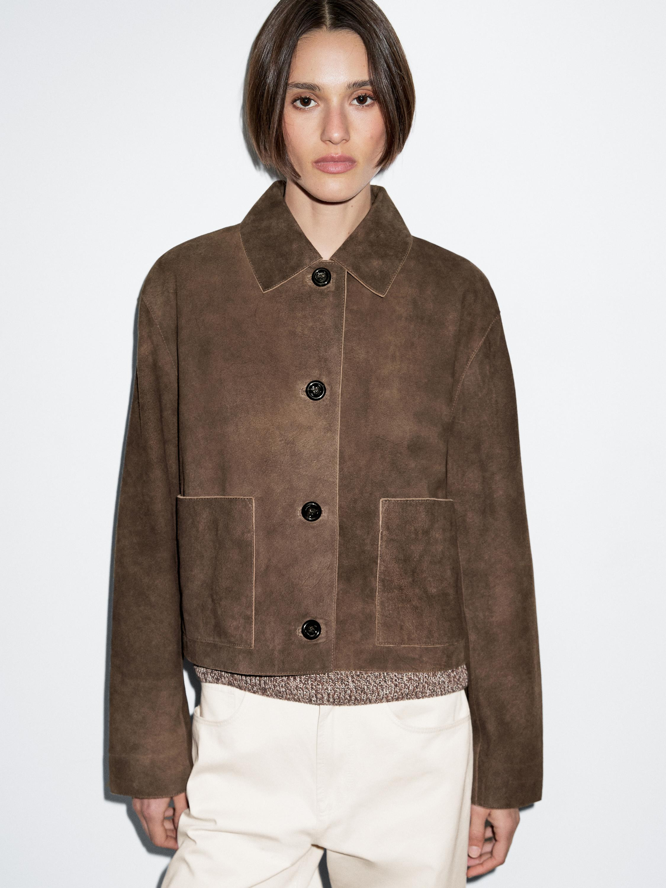 Short suede leather jacket with pocket details | Massimo Dutti US