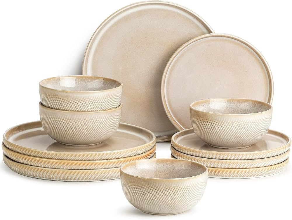 Stoneware Dinnerware Sets for 4, 12-Piece Scratch Resistant Plates and Bowls Set, Dishwasher and ... | Amazon (US)