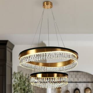 2-Light Dimmable Integrated LED Matte Black and Plating Brass Crystal Tiered Round Chandelier for Living Room Kitchen | The Home Depot