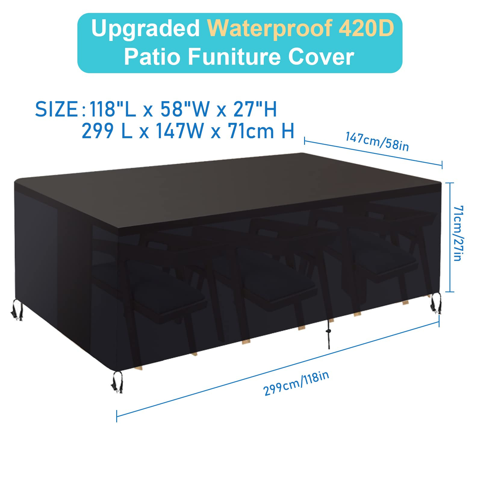 Patio Furniture Covers,118" L x57.5 W x 27" H Outdoor Furniture Cover Waterproof, Outdoor Table and Chair Set Cover Wind Dust Proof Anti-UV, Durable Patio Furniture Cover，Rectangular | Amazon (US)