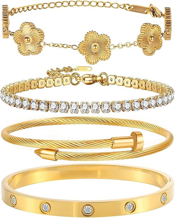 18K Gold Plated Nail Love Bangle Bracelet Set for Women Stackable Floral Clover Adjustable Tennis... | Amazon (US)