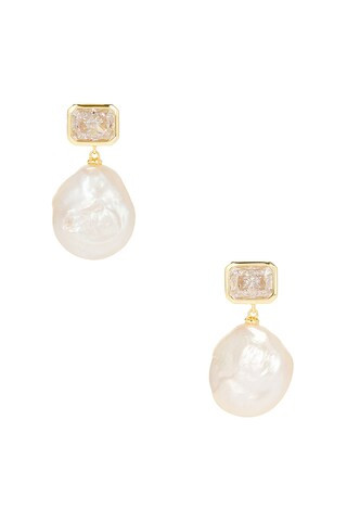 SHASHI Emerald Baguette Cleo Earring in Gold & Pearl from Revolve.com | Revolve Clothing (Global)