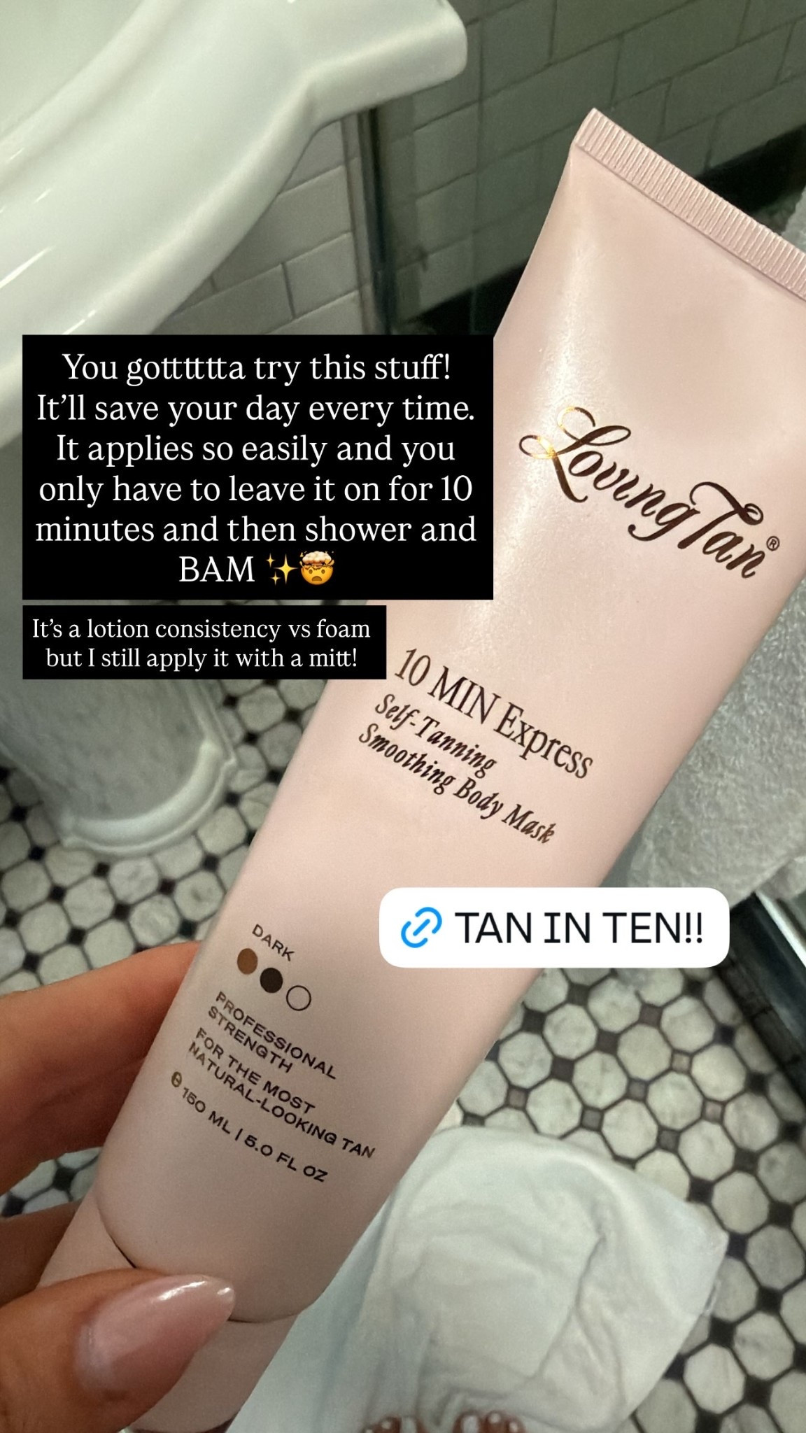You gotttttta try this stuff!
It’ll save your day every time.
It applies so easily and you only have to leave it on for 10 minutes and then shower and BAM ✨🤯 It’s a lotion consistency vs foam but I still apply it with a mitt!