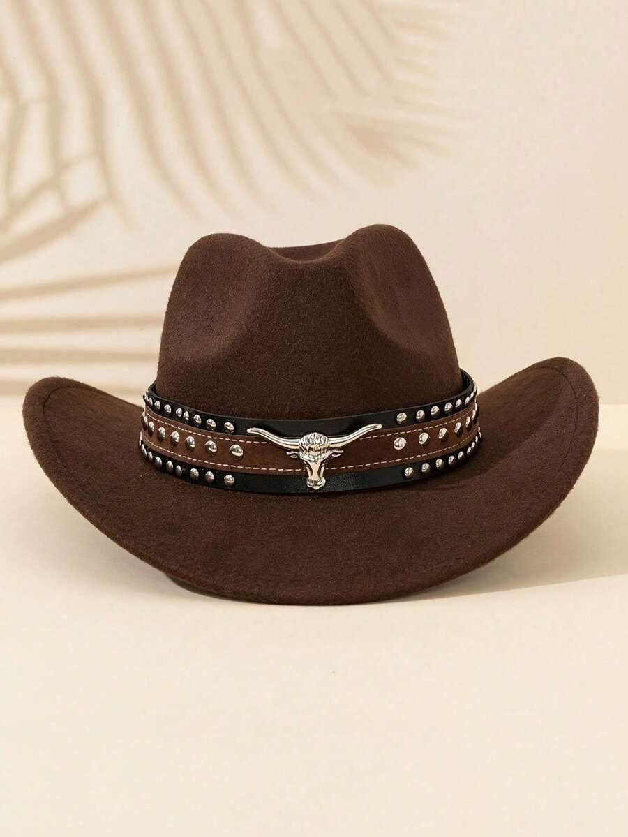 Western Cowboy Hat,Cowboy, Hats For Women, Men's Hat, With Detachable Silver Bull Head Belt Decor... | SHEIN