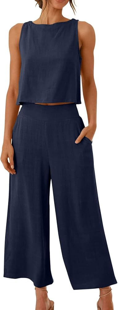 Cotton Linen Outfits for Women 2 Piece Summer Beach Sets Sexy Cropped Tank Tops Wide Leg Capris P... | Amazon (CA)
