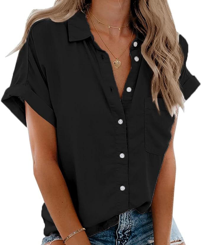 Beautife Womens Short Sleeve Shirts V Neck Collared Button Down Shirt Tops with Pockets | Amazon (US)
