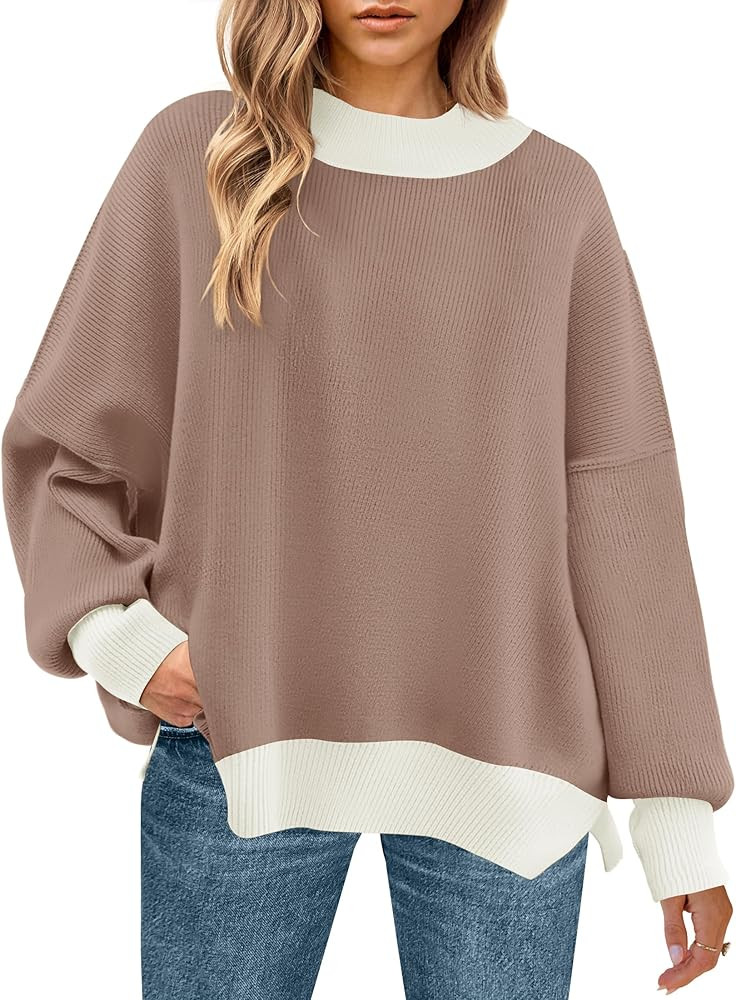 ZESICA Women's Winter Oversized Sweaters Long Sleeve Color Block Mock Neck Side Slit Comfy Loose ... | Amazon (US)
