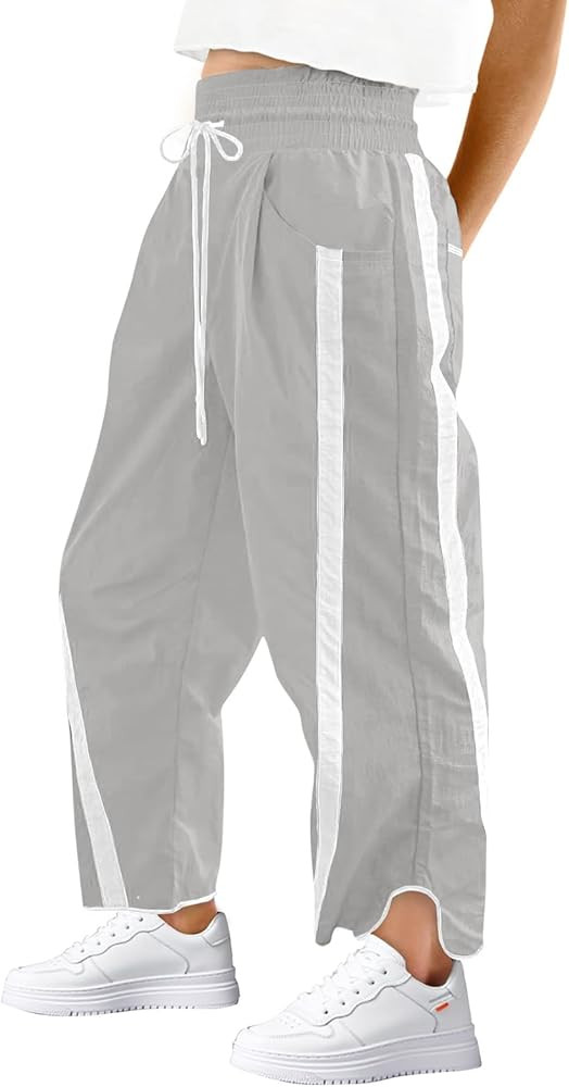 Womens Wide Leg Pants Baggy Drawstring Elastic Waist Stripe Casual Track Pants | Amazon (US)