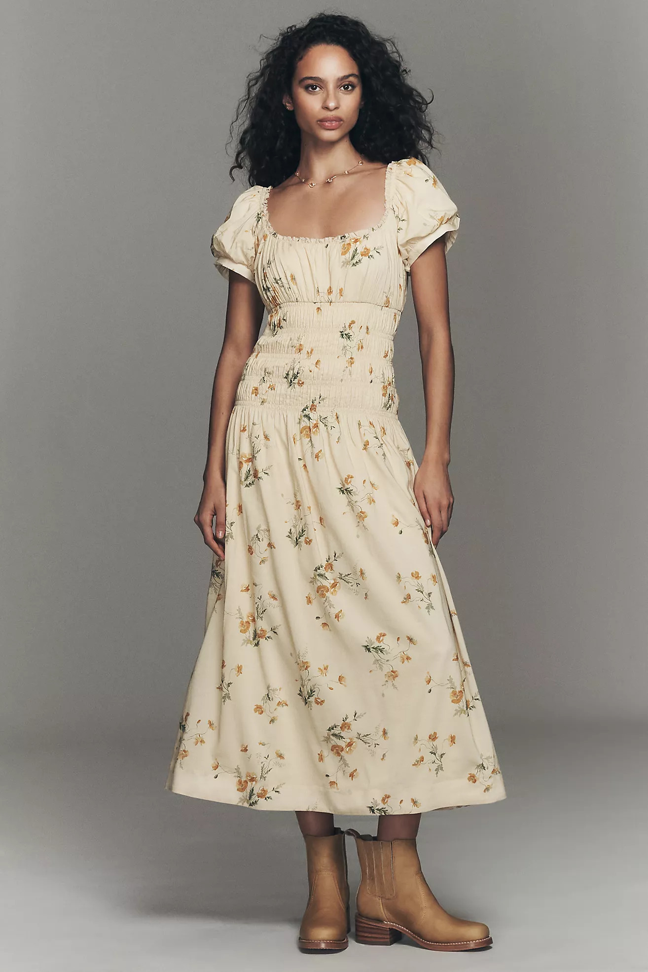 Reformation Riva Puff-Sleeve Smocked Midi Dress | Anthropologie (US)