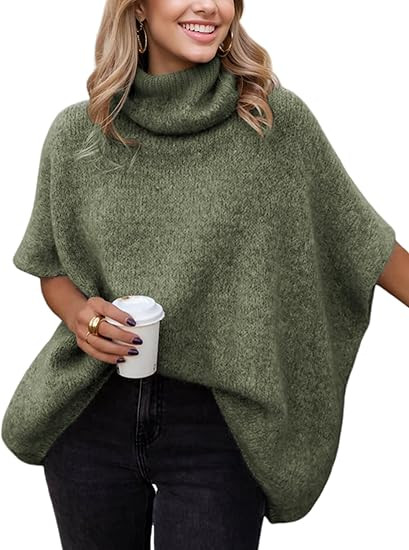 Womens Turtleneck Batwing Sleeve Sweater Knitted Oversized Chunky Short Dolman Tops | Amazon (US)