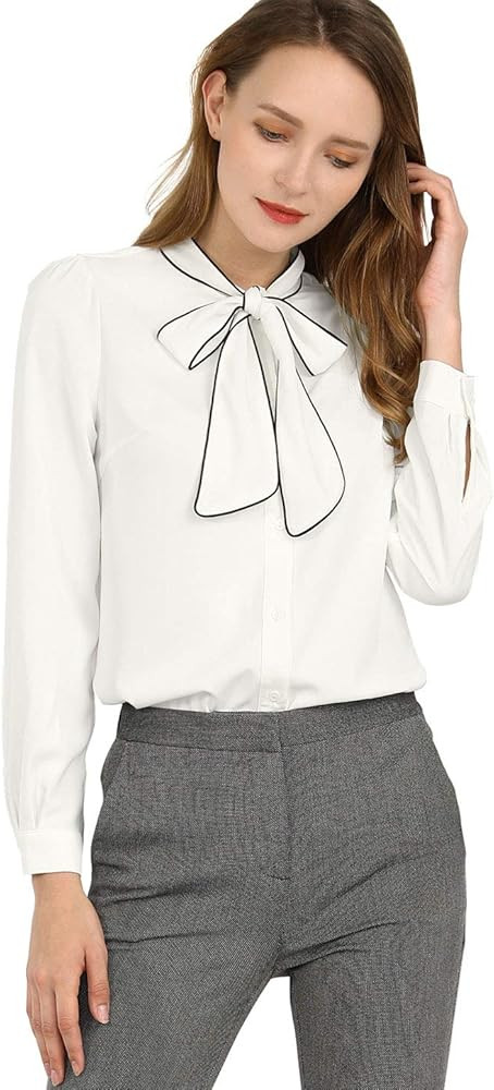 Allegra K Women's Long Sleeve Blouse Bow Tie Button Down Business Casual Work Shirt Top | Amazon (US)