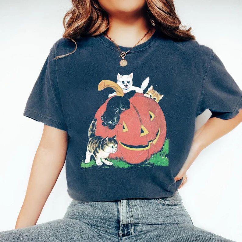 Vintage 90s Cat Halloween Shirt, Retro Halloween Shirt, Spooky Season Tee, Pumpkin Shirt, Cat Lov... | Etsy (US)