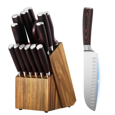 Kitchen Knife Set with Block and Sharpener, 15 Piece High Carbon Stainless Steel Knife Set with Ergonomic Handles & Wooden Block | Target