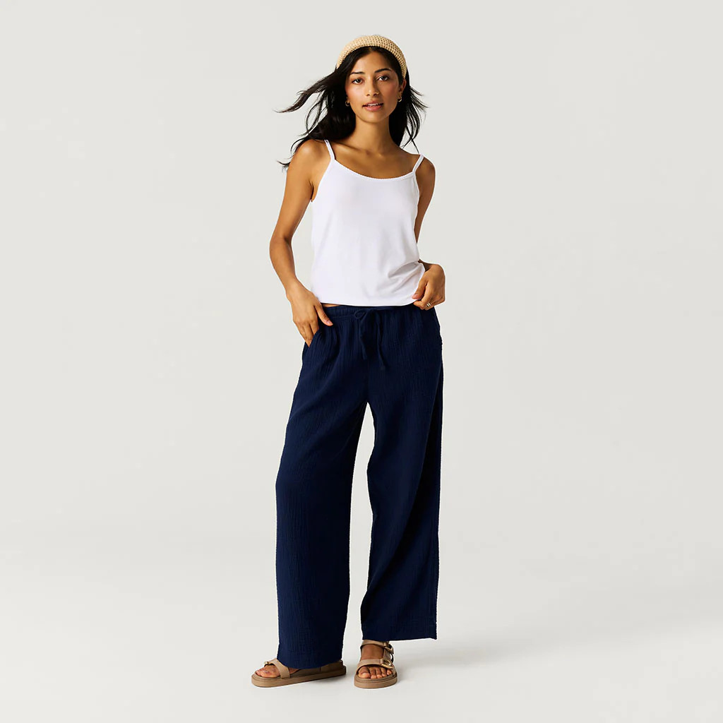 Solids Blue Long Varsity Navy Women's Cotton Crinkle Pants | Posh Peanut® | Posh Peanut
