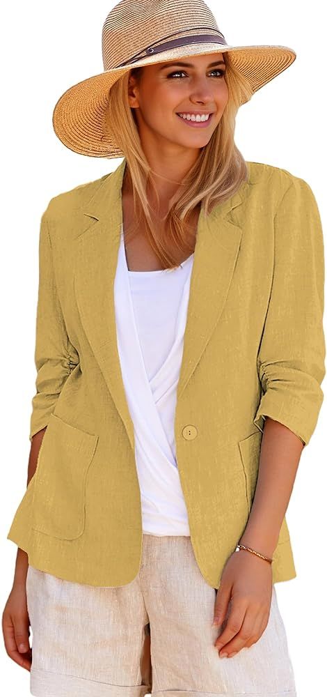 2024 Summer Linen Blazer Women 3/4 Stretchy Ruched Sleeve Fully Lined Lightweight Breathable Casu... | Amazon (US)
