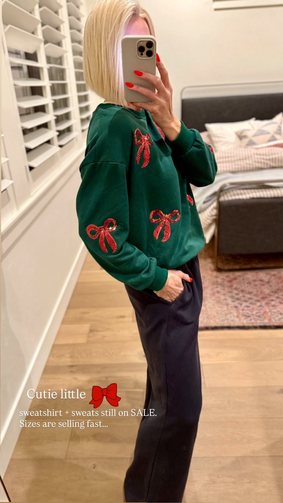 Festive bow pullover sweatshirt + fave wide leg sweats still on SALE!
Size up in sweatshirt & sweats fit tts, but consider going down in size if you’re shorter than 5’5” ish and plan to wear flats.


#LTKdayinmylife #LTKOver40 #LTKHoliday