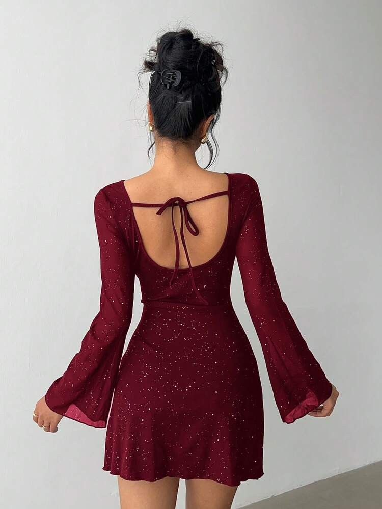 Aloruh Elegant Bow Tie Backless Sexy Glitter Fabric Fitted Mini Dress,Wedding Guest Dress Women,Red Dress,Christmas,New Year Dress | SHEIN