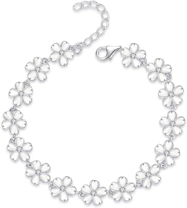 Kaletine Daisy Flower Bracelet White Laser Engraved 925 Sterling Silver CZ Adjustable Chain 6.5"+... | Amazon (US)