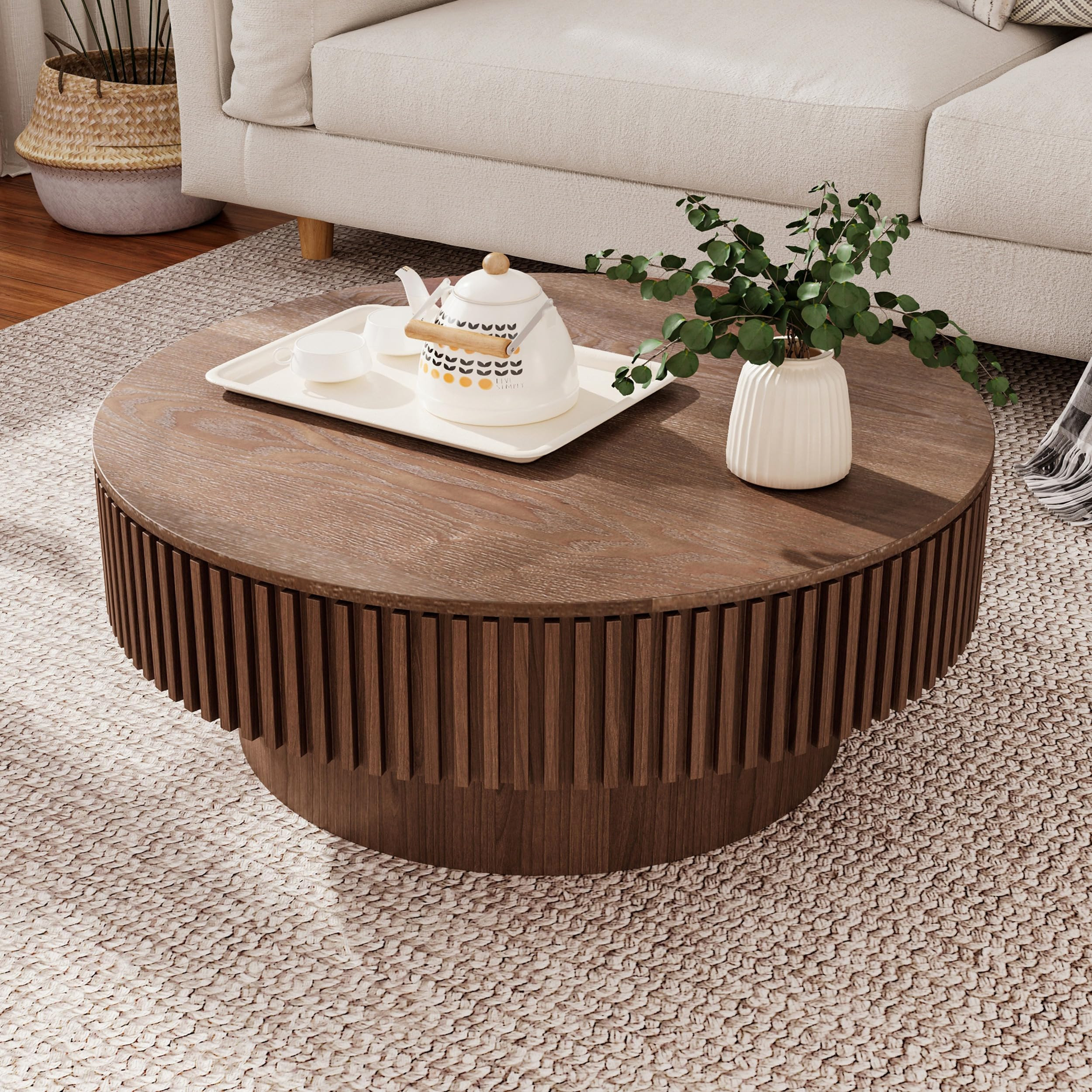 31.5" Round Coffee Table with Hidden Storage, Solid Wood Drum Coffee Table Tea Table for Living R... | Amazon (US)