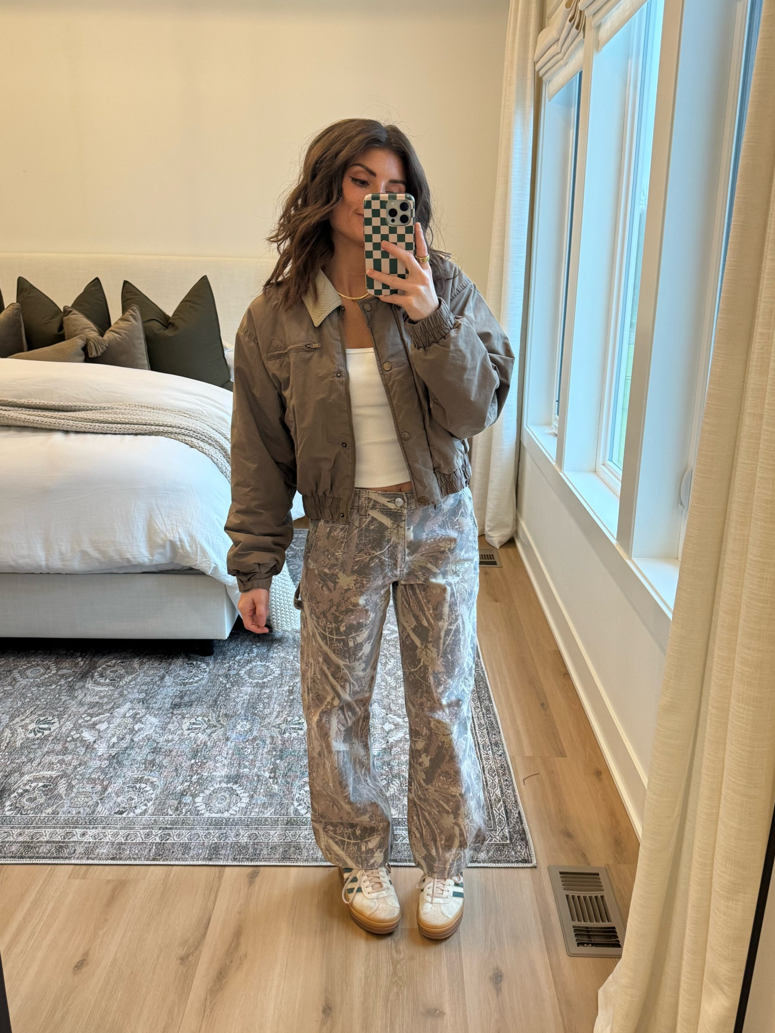 Wearing my husbands pants!!! lol! These are a 29 x 30! For reference, I’m usually a 26 in Abercrombie jeans. Def adds to the bag and low rise look! 
Camo pants outfit, workmen jacket outfit, adidas gazelle bold outfit

#LTKFindsUnder100 #LTKFindsUnder50 #LTKStyleTip
