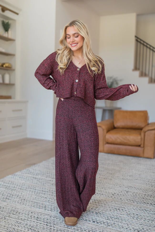 Cool Factor Dusty Burgundy Cropped Cardigan & Wide Leg Set | Pink Lily