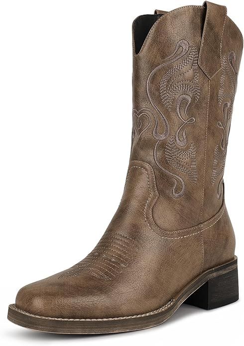 ISNOM Cowgirl Cowboy Boots for Women, Western Boots with Side Zipper, Square Toe and Unique Embro... | Amazon (US)