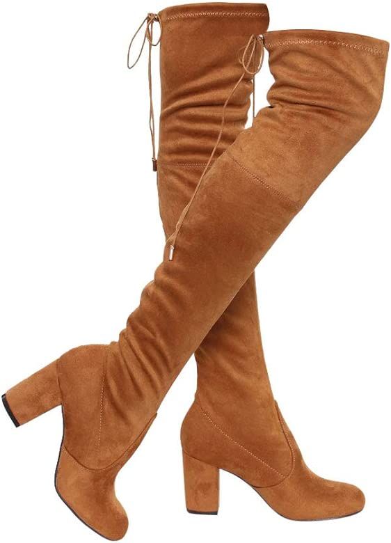 Women's Thigh High Boots Stretchy Over The Knee Chunky Block Heel Boots | Amazon (US)