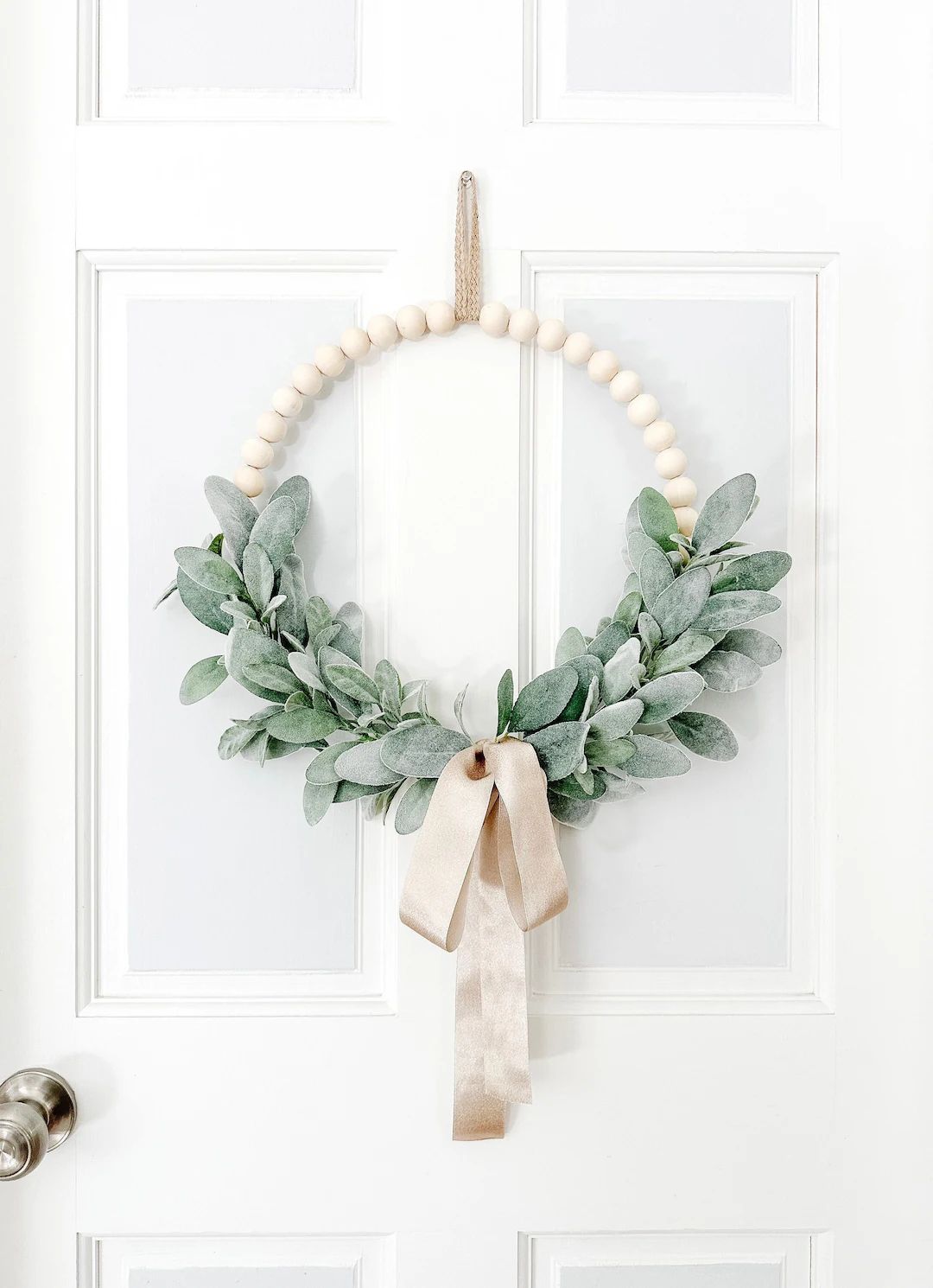 Modern Farmhouse Wreath- Wood Bead Wreath with Lambs Ear and Long Floppy Bow - Ships Free! | Etsy (US)