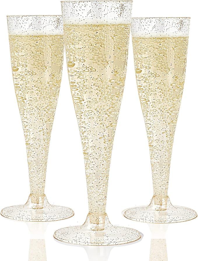 JOLLY CHEF 100 Pack Plastic Champagne Flutes Disposable 4.5 oz Gold Glitter Plastic Champagne Gla... | Amazon (US)