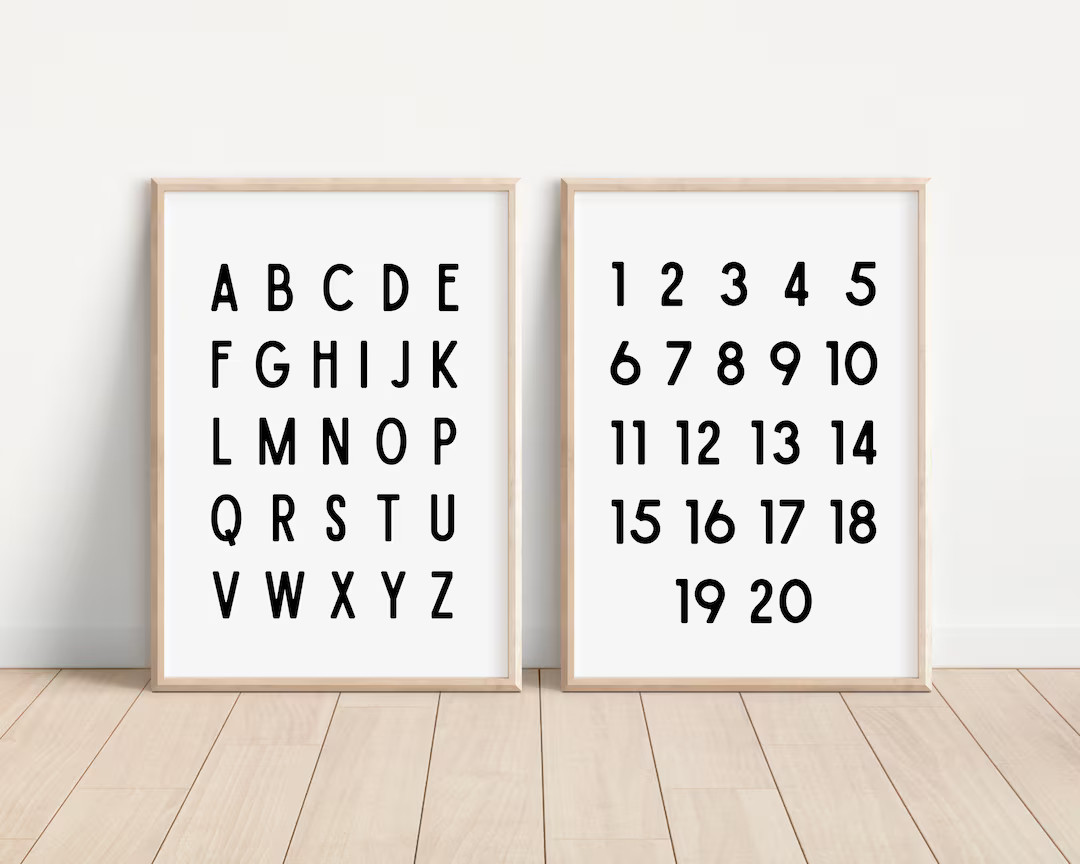 Black and White Alphabet Poster Neutral Playroom Set of 2 Prints Alphabet Poster Numbers Poster E... | Etsy (US)