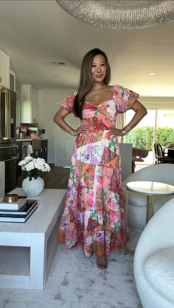 ABYOVRT Women Floral Maxi Dress Short Puff Sleeve V Neck Bohemian Flowy Dress Smocked Casual Spri... | Amazon (US)