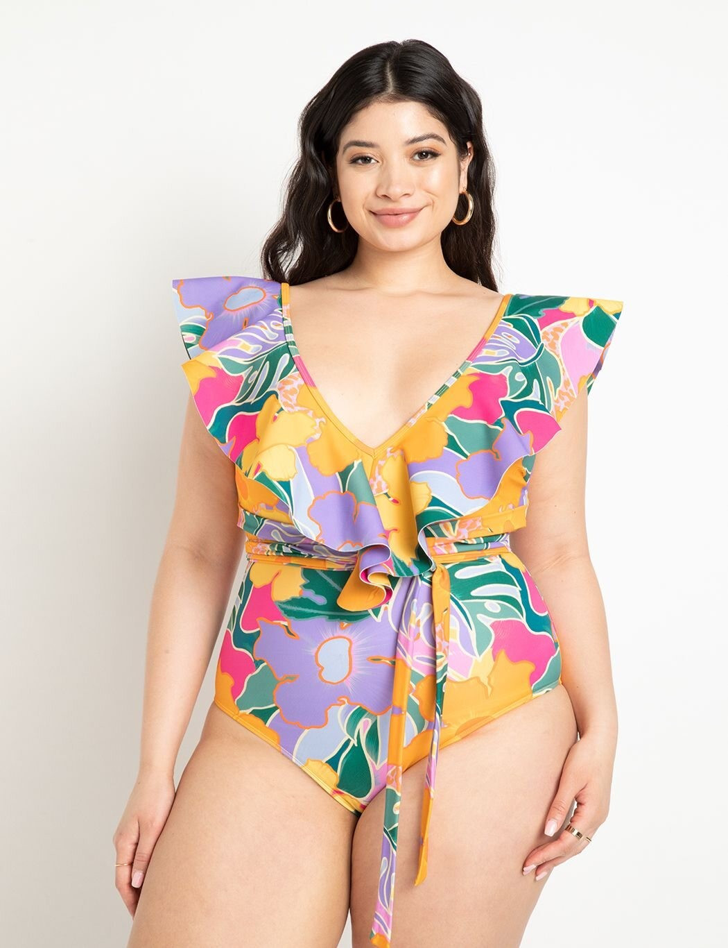 Ruffle Shoulder One Piece W Belt | Women's Plus Size Swimwear | ELOQUII | Eloquii