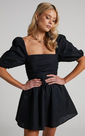 Claudina Mini Dress - Linen Look Puff Sleeve Ruched Bodice Dress in Black | Showpo (US, UK & Europe)