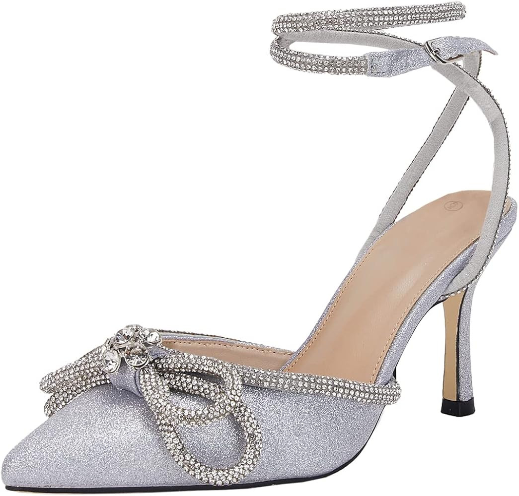 Women's Double Bow Pointed Toe Ankle Strap Crystal Pumps Wedding Bridal Party Stilettos Backless ... | Amazon (US)