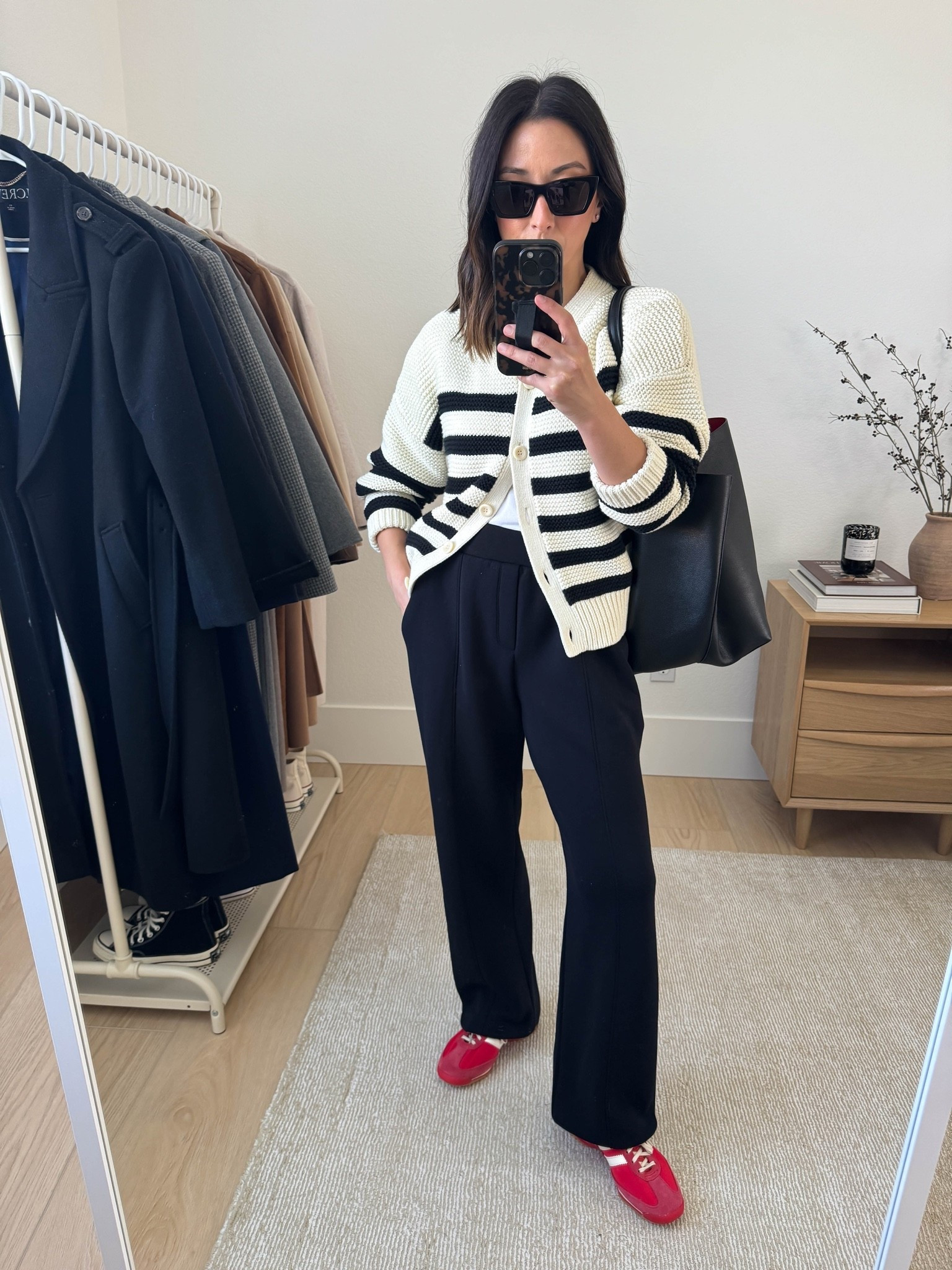 School drop off outfit ideas. Mom-life outfits. Super comfy leisure pants from Old Navy on sale. I cannot recommend these enough. Length runs slightly long on me, but not a huge issue.

Alex Mill cardigan small - print is old
Everlane tee medium 
Old Navy Leisure pants petite small, but run tts - old, linked similar
Adidas SL72 sneakers 5 women 
Mansur Gavriel tote 
YSL Sunglasses

#LTKootd #LTKmomlife #LTKPetite