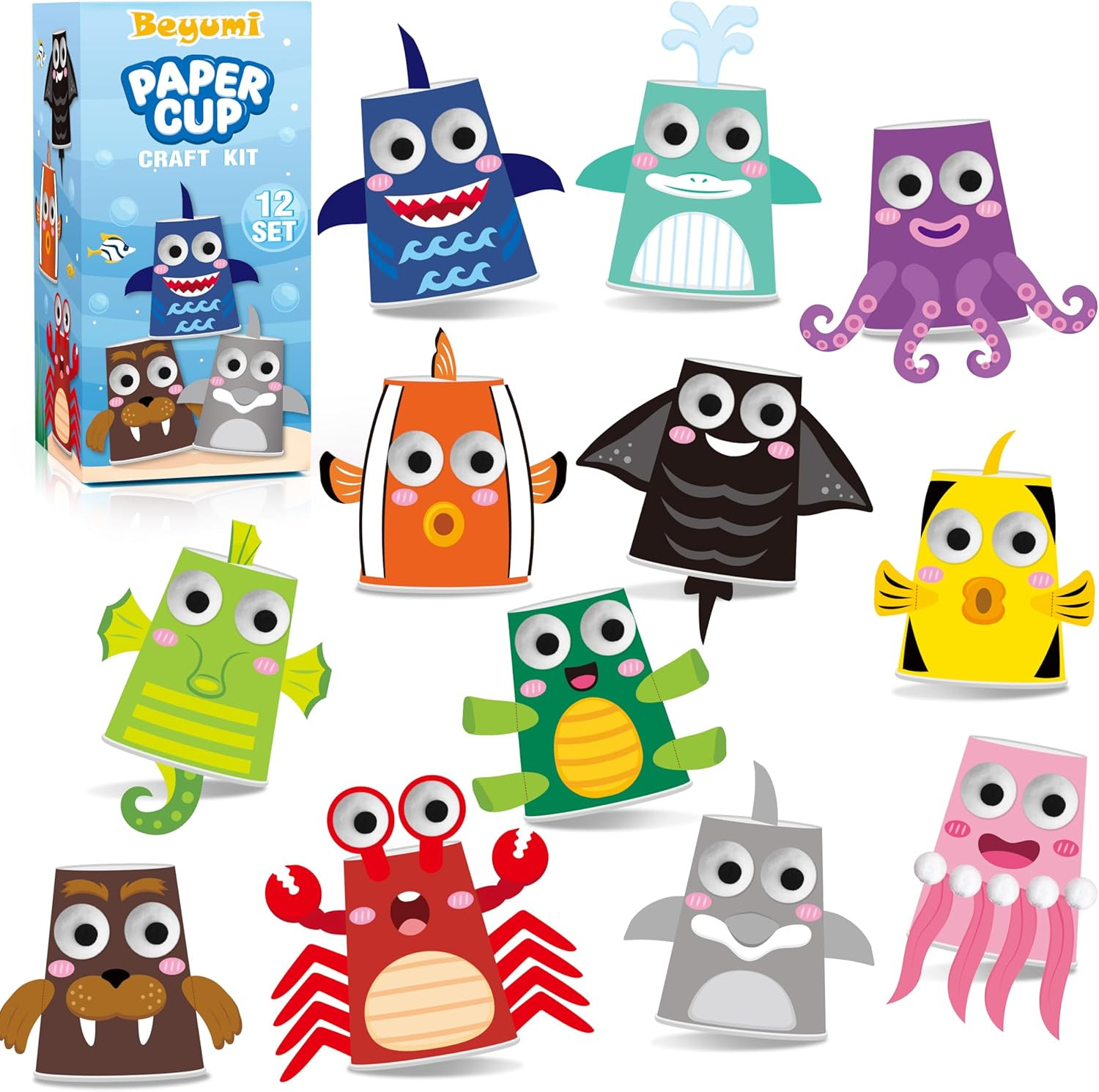 BeYumi Ocean Animals Craft Kit - 12Pcs Summer Arts and Crafts for Kids Toddler Paper Cup Craft Ki... | Amazon (US)