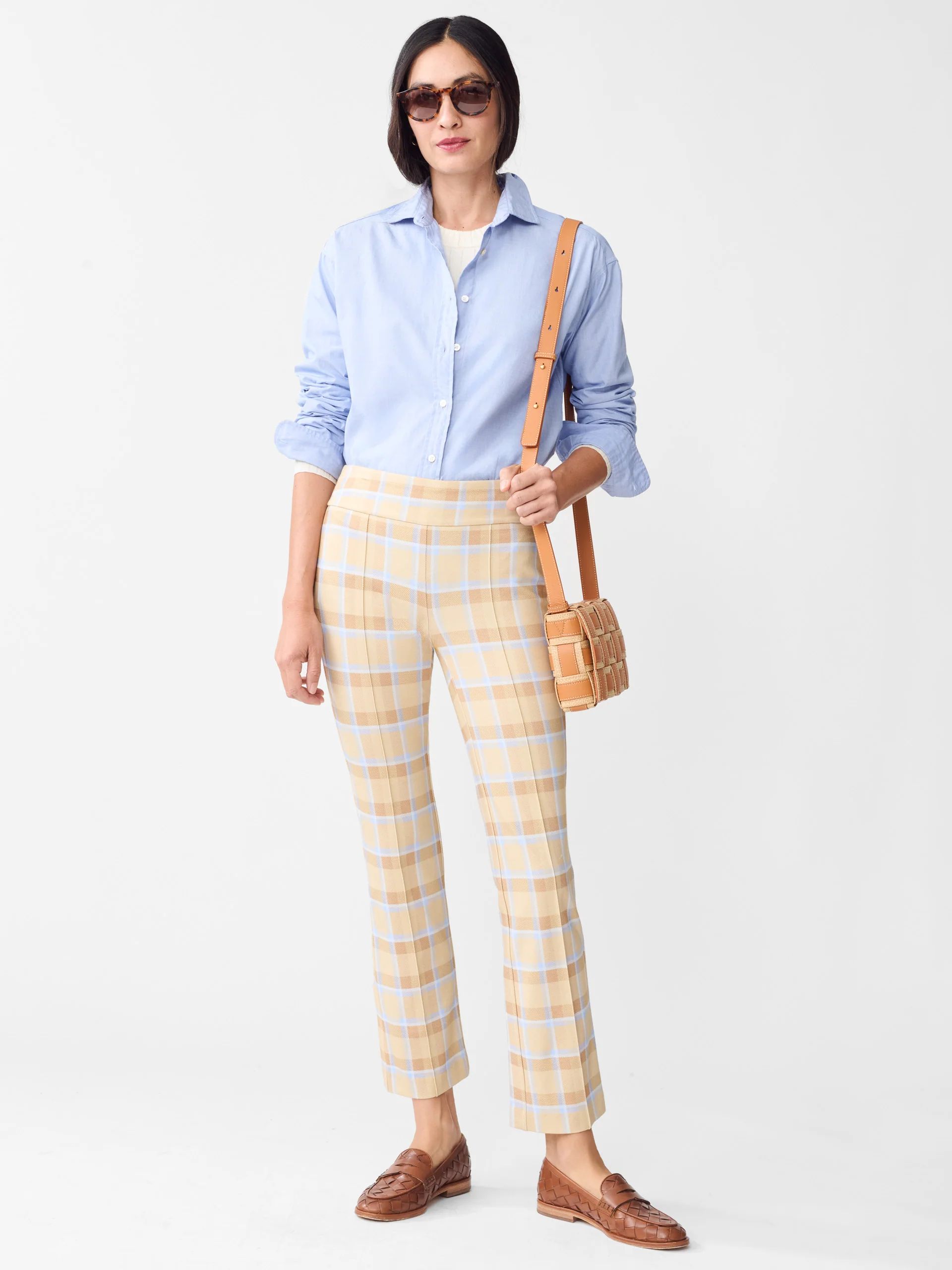 Tan/Brown Stadium Plaid Rylie Pants | Women's Pants | J.McLaughlin | J.McLaughlin