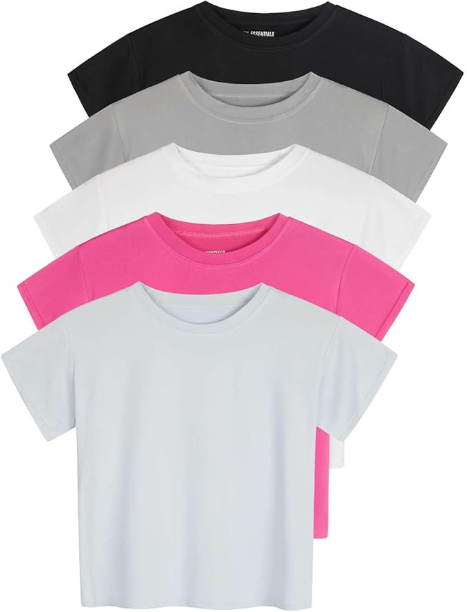 Real Essentials 5 Pack: Women's Dry Fit Crop Top - Short Sleeve Crew Neck Stretch Athletic Tee (A... | Amazon (US)