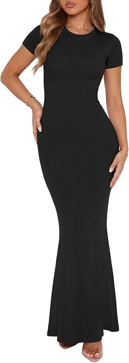 REORIA Women's Basic Summer Casual Lounge Long Dress Elegant Short Sleeve Crew Neck Bodycon Maxi ... | Amazon (US)