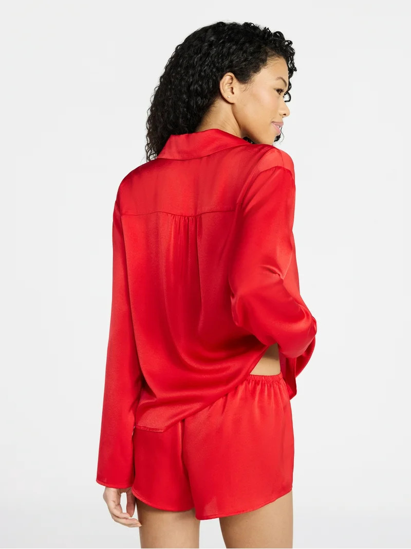 No Boundaries Sleepwear Satin Long Sleeve Button-Up Top and Shorts Set, 2-Piece, Women’s XS-XXL | Walmart (US)