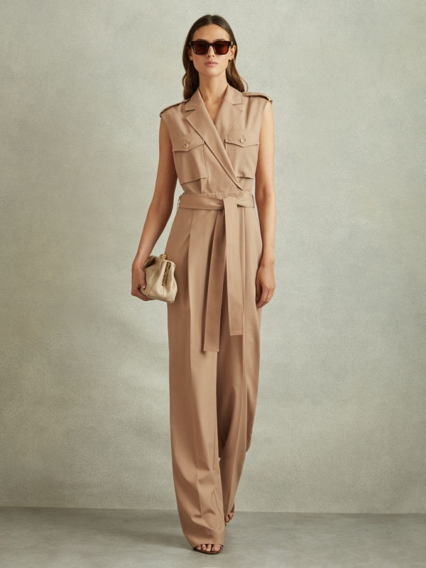 Wool Blend Double Breasted Belted Jumpsuit in Stone | Reiss UK