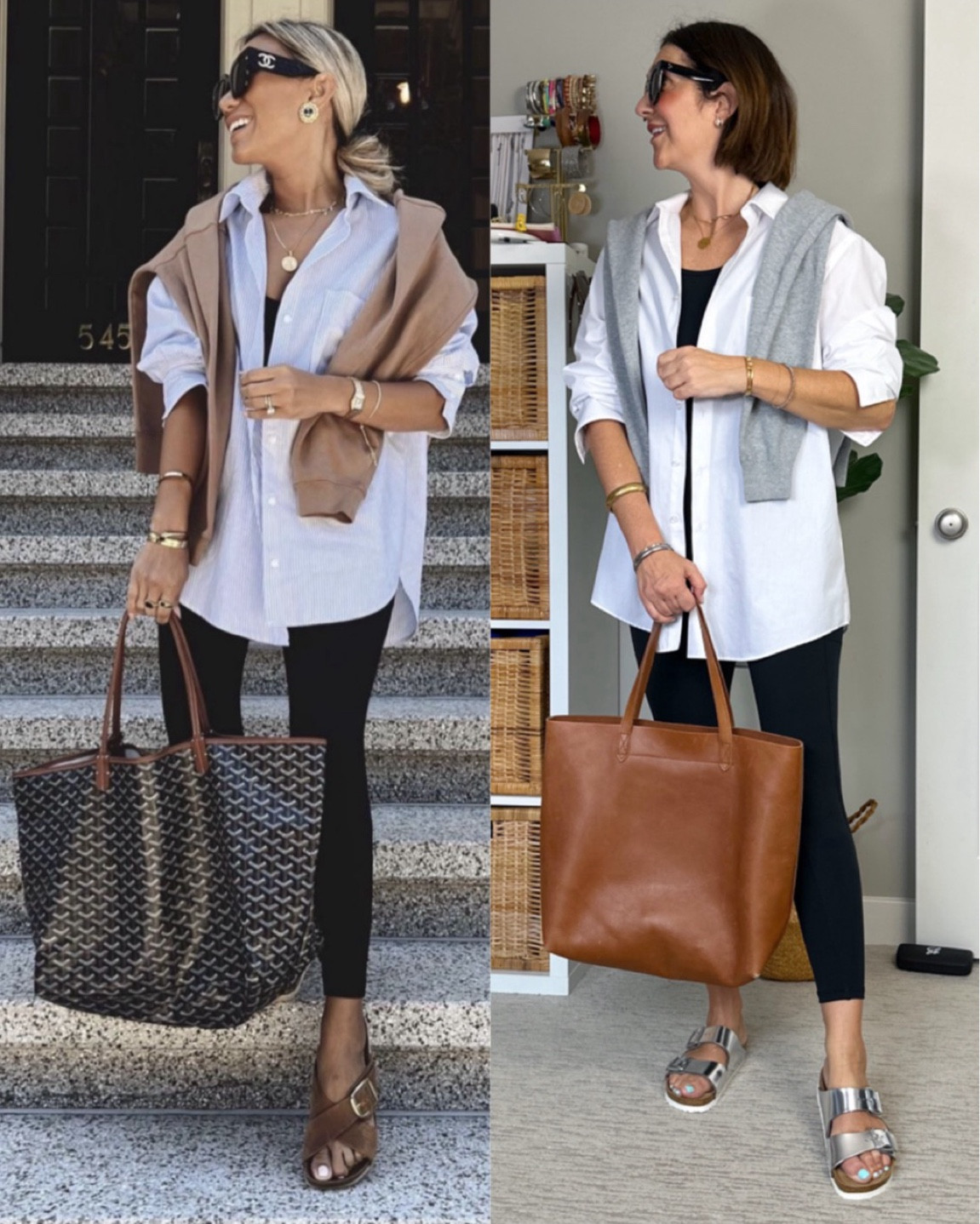 Pinterest inspired leggings outfit!
A base of leggings and a tank top in the same color is so versatile and you can add any oversized button up shirt and then elevate it with a sweater over the shoulders, jewelry, a bag and sandals!
Wearing my usual size S in the tank and leggings - both are from Amazon and great quality. The white shirt is a men’s size 16” neck 32-33” sleeves, I love the oversized fit, best part is that it’s wrinkle resistant! 
Both the beige and grey sweaters are also from Amazon and fit tts, I sized up to M for more room, and especially the grey one is great for wearing over the shoulders cause it’s men’s and has long sleeves (easier to tie).
My silver metallic Birkenstocks fit tts and are so comfortable! 
Leather tote bag is Madewell as such a classic and functional bag.
I linked the jewelry I could plus the jeans and top I had on at the beginning of the video


#LTKOver40 #LTKItBag #LTKStyleTip