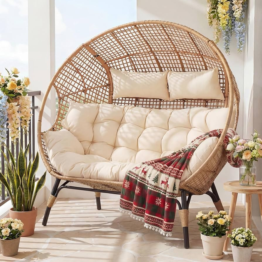 RADIATA Oversized Double Egg Chair for 2 Person, Stationary Wicker Loveseat with Cushion and Legs... | Amazon (US)