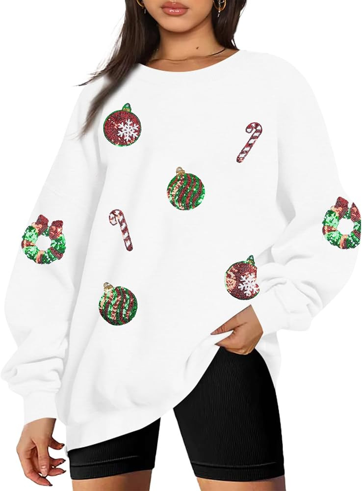 JINTING Sequined Christmas Sweatshirt Women Xmas Graphic Pullover Sweatshirt Oversized Striped To... | Amazon (US)