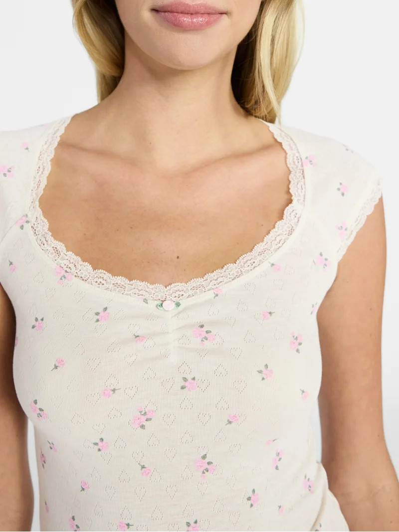 No Boundaries Sleep Pointelle Baby Tee and Pants Set, 2-Piece, Women’s XXS-3X | Walmart (US)