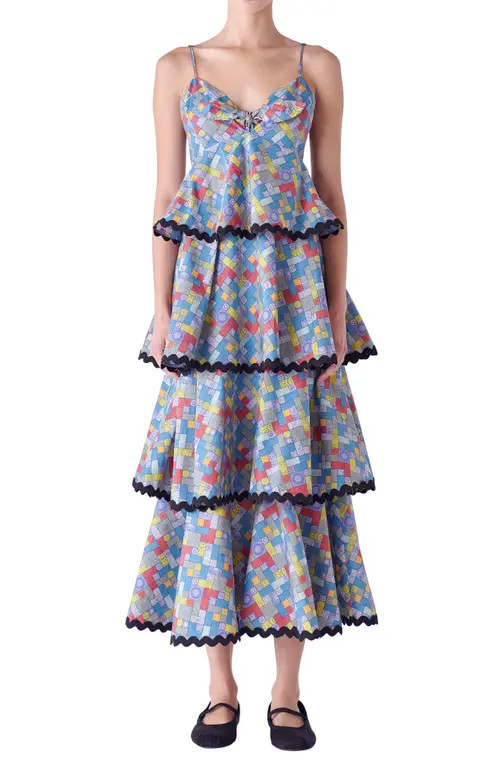 English Factory Grid Print Tiered Maxi Dress in Blue Multi at Nordstrom, Size Medium | Nordstrom