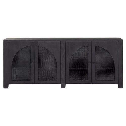 Open Box Kashton Black Wash Mango Wood Arched Cane 4 Door Sideboard | Kathy Kuo Home